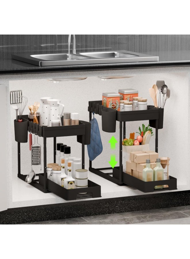 سيوسي Adjustable Under Sink Organizer, Pull-Out Storage Baskets with Telescoping Rod, Expandable Shelf Organizer for Kitchen & Bathroom Cabinets, Cleaning Supplies, Useful for Small Item (Black, 2-Tier) - Image 1